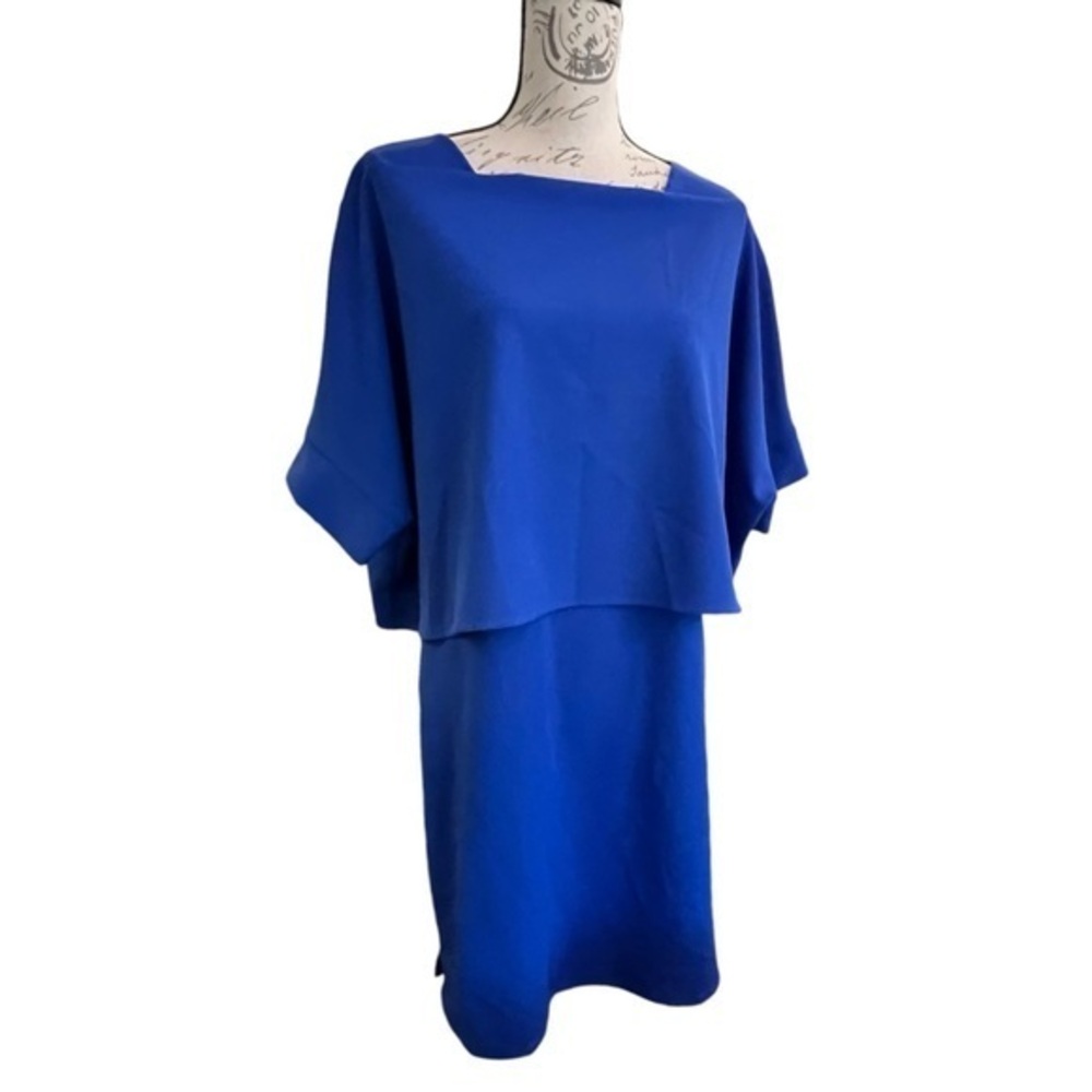 Katherine Barclay Sheath Midi Dress Attached Top Cape Blue Size Large NWT Party